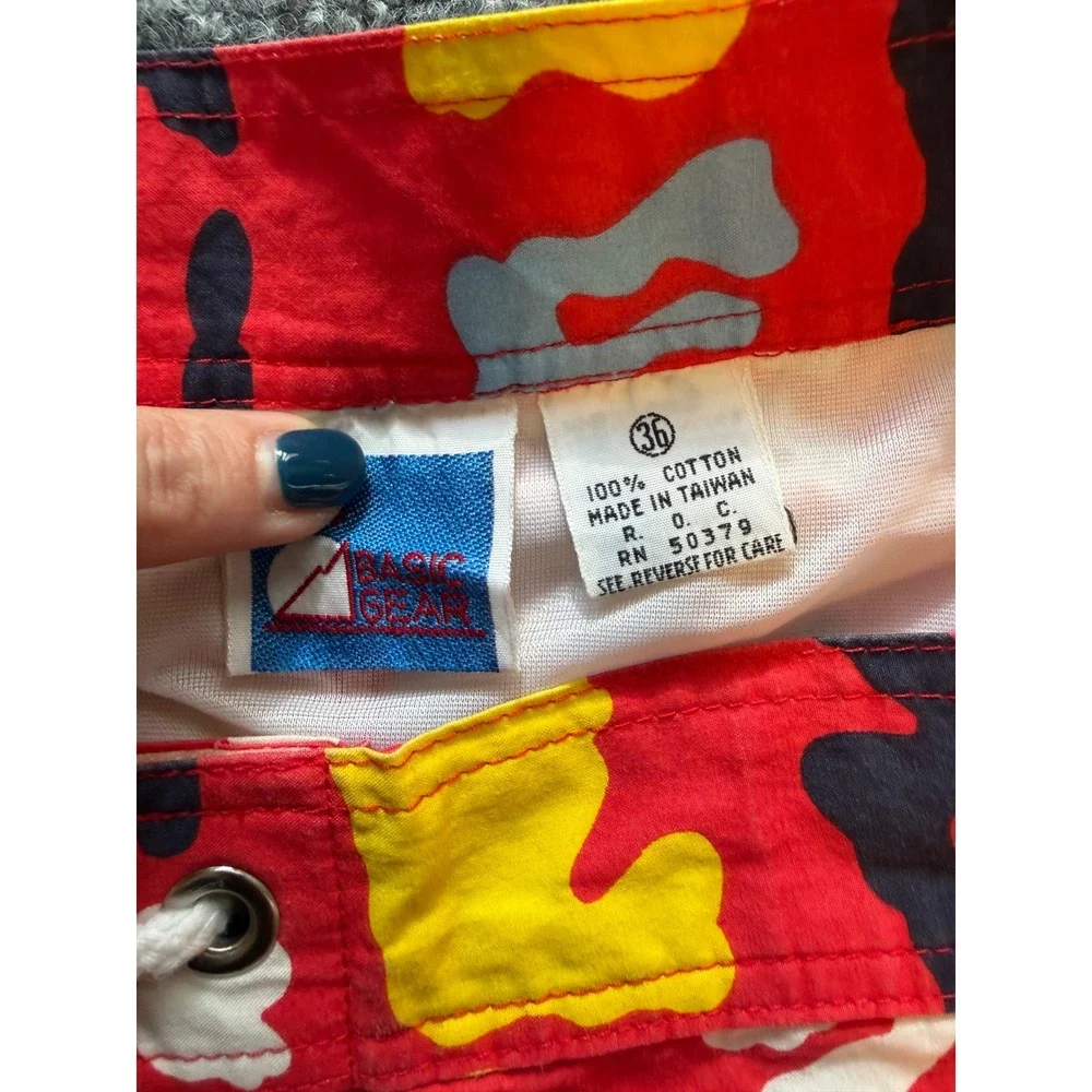 Vintage 90s Basic Gear Abstract Print Swim Trunks Red Yellow Blue Mens 36